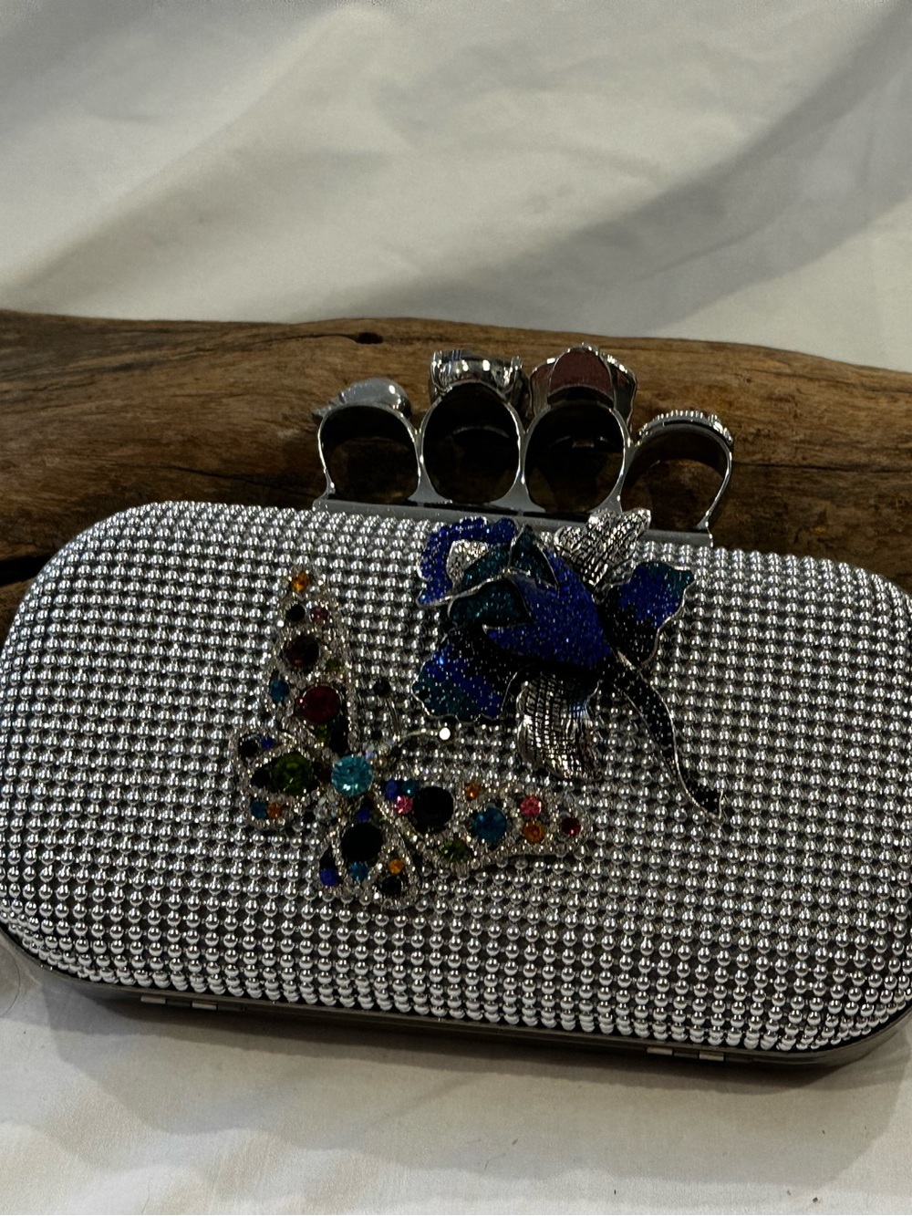 Silver Crystal Knuckle Clutch with Blue Floral Accent
